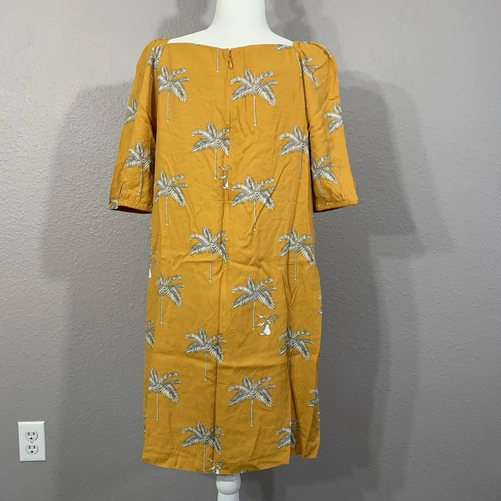 Ann Taylor Mustard Yellow Palm Tree‎ Puff Sleeve Square Neck Lined Dress Small